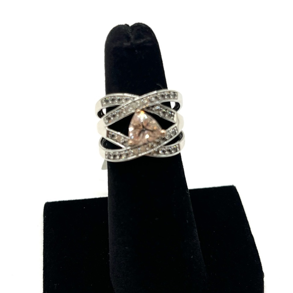 Ring Pink - Clear Quartz Anniversary or Wedding Band  size 6 Sterling Silver 925
